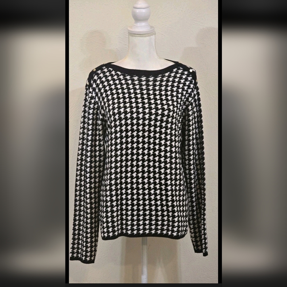 Vintage Carolyn Taylor Houndstooth Sweater Gold Button Shoulder Black White M - Picture 4 of 15